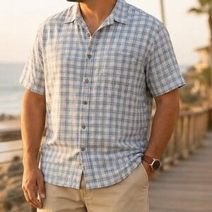 Camp Shirt Coastal Button Up Blue Plaid Cotton Mens XL Island Force Brand